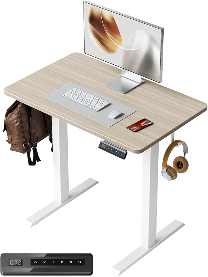 FEZIBO One-Piece Standing Desk Adjustable Height Stand up Home Office Desk, 32x24 Inch Electric Standing Computer Desk, with 4 Memory Presets, Fixable casters, Light Rustic