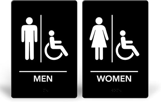 Promot Men and Women Handicap Restroom Sign – ADA Braille Bathroom Sign for Business, Self-Adhesive, 9" x 6", Commercial Door Signage, Office Wall Decor - Black