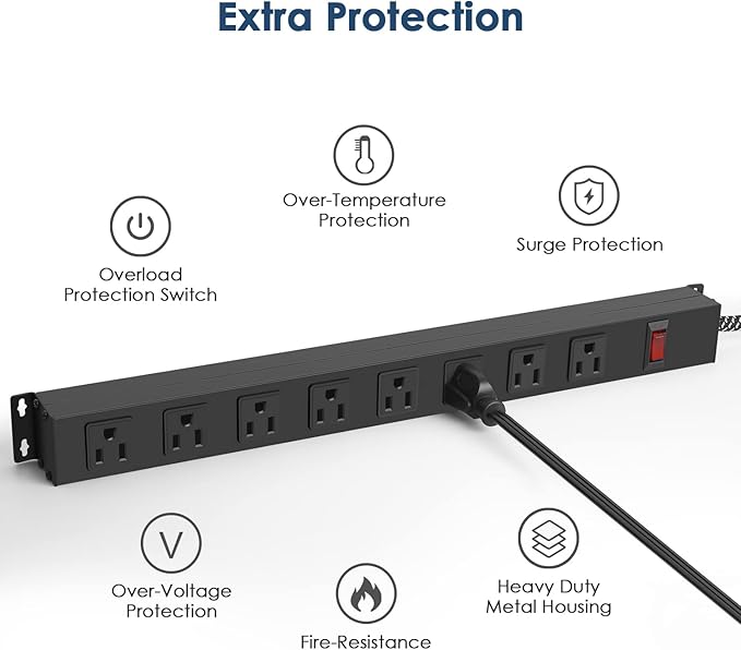 Metal 8 Outlet Mountable Power Strip with Switch,Wide Spaced Heavy Duty Wall Mount Power Strip Surge Protector 1200J,3FT 14AWG Braided Cord 15A 125V 1875W for Home Office Industrial Garage Commercial