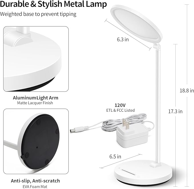 LED Desk Lamp With Swing Arm and Flexible Neck - 3CCT Table Lamp for Home, Office, College Dorm - Tall Lamp With Shade for Children Reading, Study - Eye-Care Touch Control