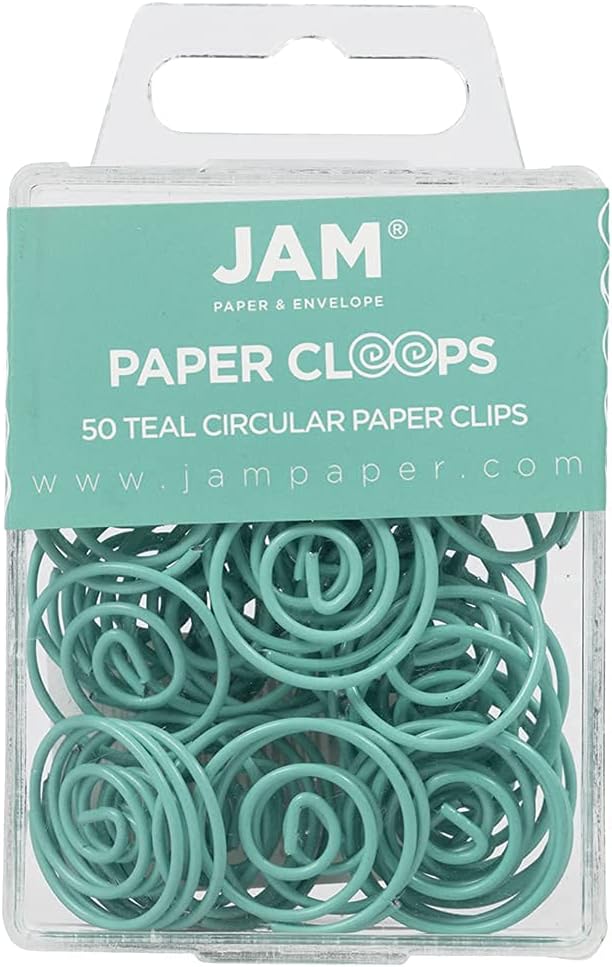JAM PAPER Circular Paper Clips - Round Paperclips - Teal - 50/Pack