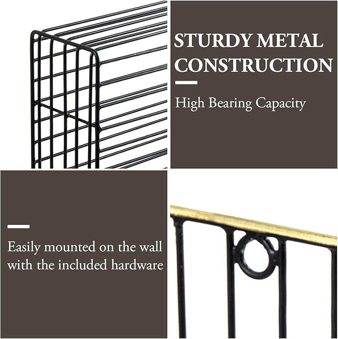 MyGift Art Deco Style Matte Black Metal Wire Magazine Rack with Brass Tone Rim - Wall Mounted Holder Storage Basket for Mail - Handcrafted in India