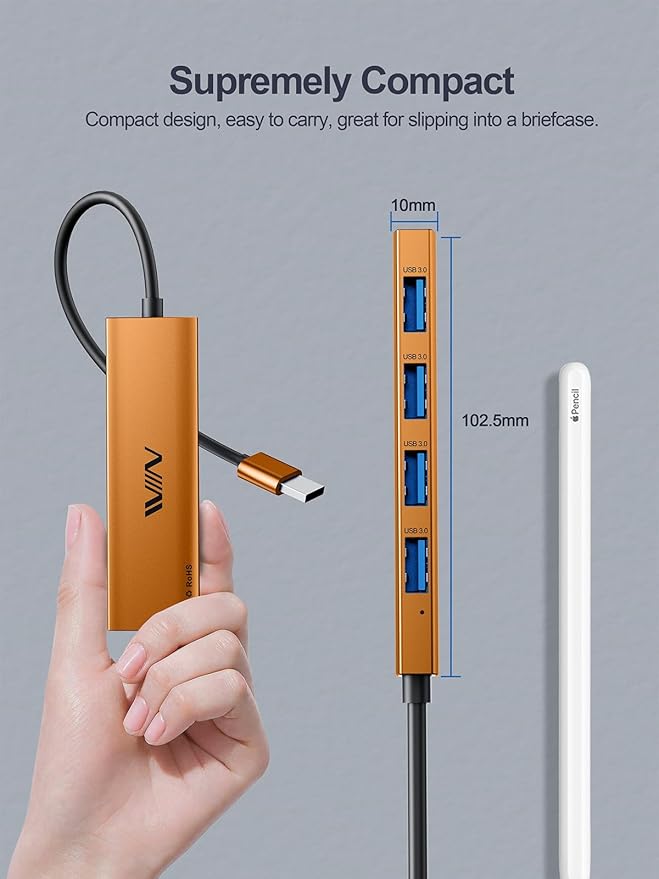 USB 3.0 Hub,4 Port USB Splitter Extender Portable Adapter Multiport Data Hub for Laptop,Xbox, Flash Drive,HDD,Console,Camera,Keyborad,Mouse Windows,Mac OS PC,Not Designed to Charge Devices-Orange