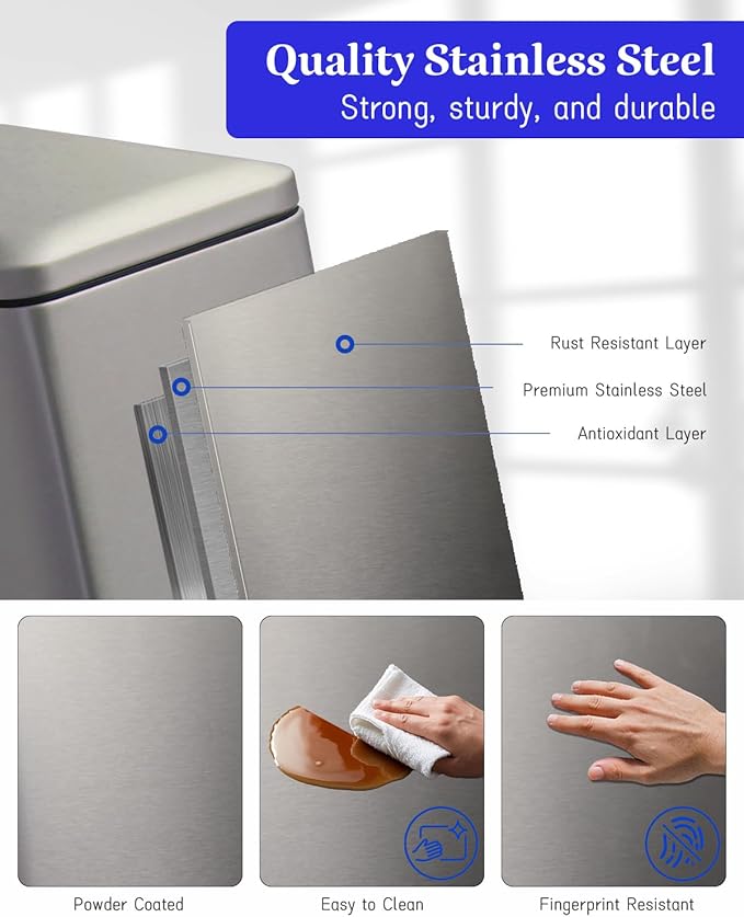 Bathroom Trash Can with Lid，5 Liter / 1.3 Gallon Small Trash Can with Removable Liner, Soft Close lid & Step Pedal, Stainless Steel Trash Bin for Bathroom,Bedroom,Home Office, Kohler Grey