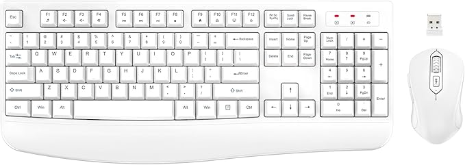 Wireless Keyboard and Mouse Combo, EDJO Full-Sized Ergonomic Computer Keyboard with Wrist Rest and 3 Level DPI Adjustable Wireless Mouse for Windows, Mac OS Desktop/Laptop/PC (White)