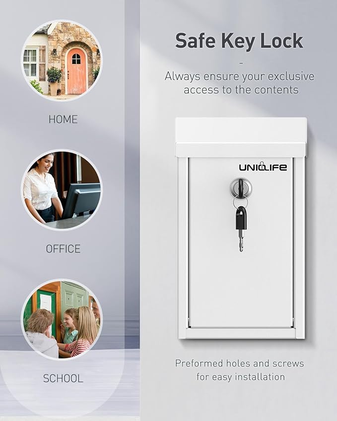 Uniclife Key Drop Box for Outside, White Metal Donation Box Collection Box with Key Lock, Safe Suggestion Box, Wall Mounted Mailbox with Top Slot, Steel Cash Drop Box for Home Office and Business