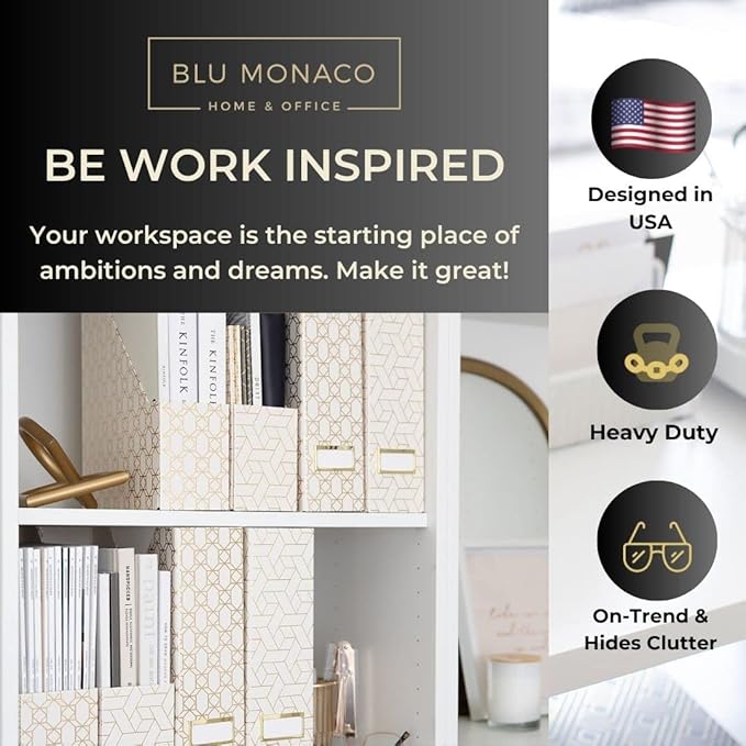 BLU MONACO Decorative Foldable Magazine Storage Boxes for Desk - Set of 4 Gold Magazine Holders with Cream Woven Design – Vintage Magazine File Organizer – Book Bins & Office Décor Storage Solution