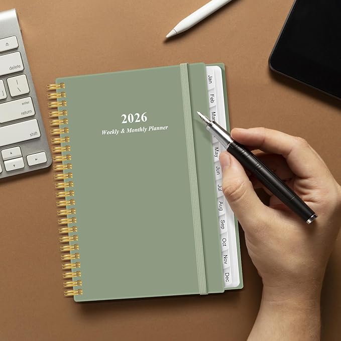 2026 Planner - Planner 2026 from January 2026 - December 2026, Weekly & Monthly Planners Spiral Bound with 12 Monthly Tabs, Inner Pocket, 6.4" x 8.5", Green
