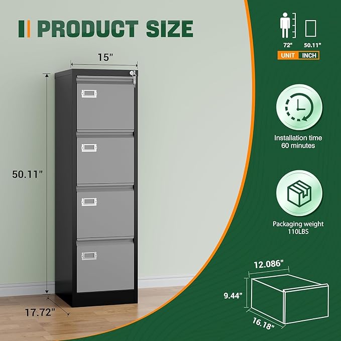 Letaya 4 Drawer File Cabinet with Lock,Metal Office Filing Cabinets for Home Office- Storage A4/F4/Letter/Legal -Assembly Required (Black Grey)