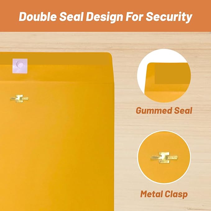 20 Pcs Clasp Envelopes 10x13, Creebe Large Yellow 10 x 13 Manilla Envelopes with Clasp and Gummed Seal for Mailing, 100 GSM Kraft Paper