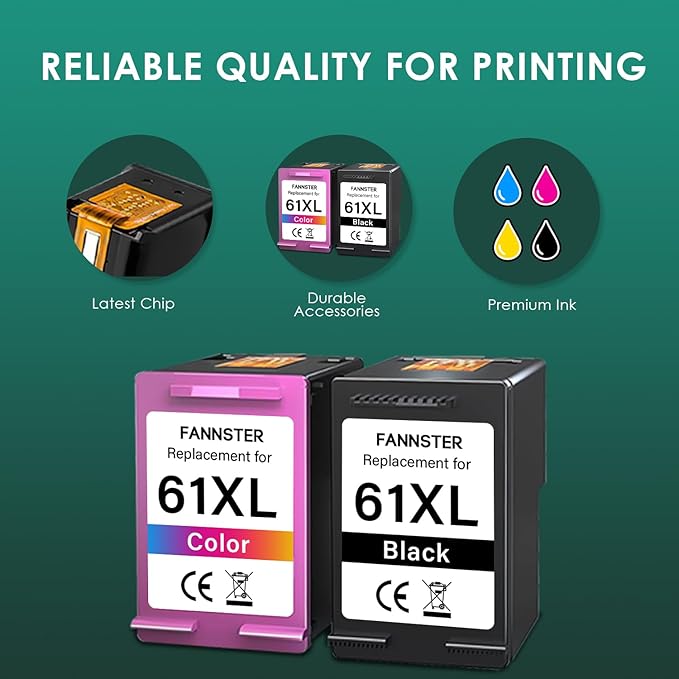 61XL 61 XL Ink Cartridges High Yield Replacement for HP Ink 61 61 XL 61XL for Envy 4500 4501 4502 5530 Deskjet 1000 1010 1050 1510 2510 2540 3000 Officejet 2620 4630 Printer (1 Black,1 Color)