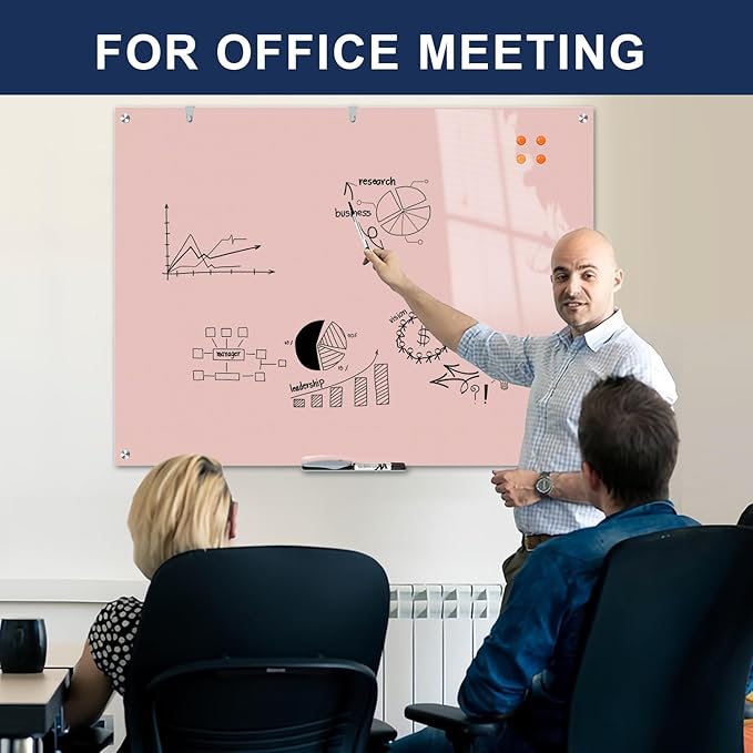 TSJ OFFICE Glass Dry-Erase Board - 48 x 36 Inches Wall Mounted Magnetic Whiteboard, Large Frameless Glass White Board for Office, Home & School, Pink