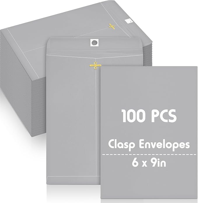 Geyee 100 Pcs Clasp Manilla Envelopes 6 x 9 Inch Gummed Colored Envelopes for Storing or Mailing for Home Office Business Supplies(Gray)