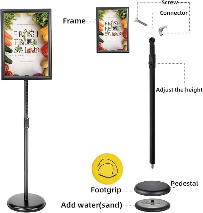 Adjustable Poster Sign Stand Holder Heavy Duty Snap Open Aluminum Pedestal Floor Standing Sign Holder Vertical and Horizontal View Sign Displayed,Advertising Display Stand (Black, 8.5x11inches)