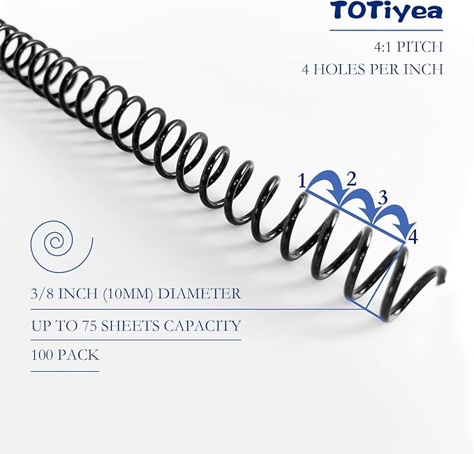 TOTiyea 100 Pack Plastic Spiral Binding Coils, 10mm(3/8") Binding Spirals, 75 Sheet Capacity, 4:1 Pitch, Black
