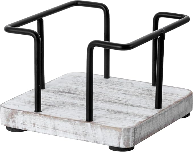 MyGift Shabby Whitewashed Solid Wood and Industrial Matte Black Metal Wire Sticky Note Cube Holder, Office Desktop Self Adhesive Memo Pad Storage Dispenser