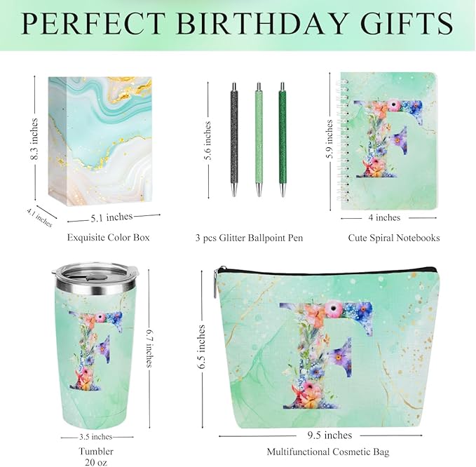 Personalized Gifts Monogrammed Birthday Gifts for Women, Aunt Grandma Retirement Christmas Initial 20 oz Tumbler, Makeup Bag Cup Ballpoint Pens Journal Notebook 6 Set, (Aesthetic Green Flower F)