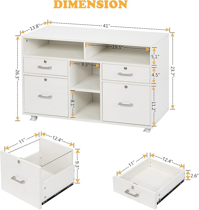 VINGLI Wood Mobile File Cabinet with 4 Drawers and Shelves, Printer Stand with Open Storage, Lockable Lateral Filing Cabinet for Home Office, Assembly Required, Light Beige Close to White