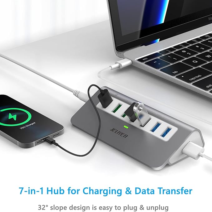 Powered USB-C 7-Port Hub, USB 3.2 Gen 2 Adapter - 4x 10Gbps Data, 3x 3.3ft Charging Ports, 30W Power Adapter for Laptop, PC, MacBook