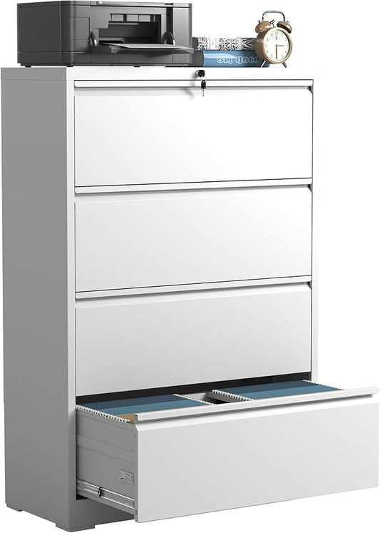 4 Drawer Lateral File Cabinets,White Metal Lateral Filing Cabinet for Home Office,Wide Steel Storage Cabinet Commercial Drawer for Legal/Letter/A4 Size Files