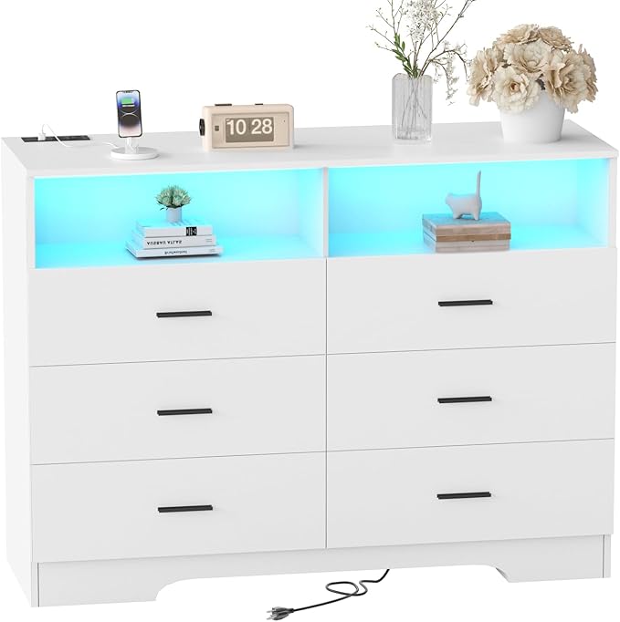 Dresser with Power Outlets and LED Lights Wooden 6 Drawer Dresser with Large Organizer Tall White Drawer for Bedroom Modern Chest of Drawers Closet for Living Room Kids Room