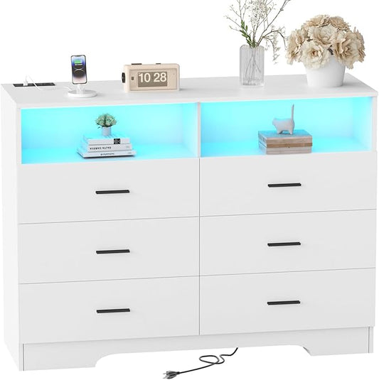 Dresser with Power Outlets and LED Lights Wooden 6 Drawer Dresser with Large Organizer Tall White Drawer for Bedroom Modern Chest of Drawers Closet for Living Room Kids Room