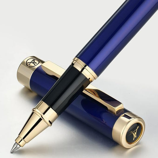 Luxury Rollerball Pen - Stunning Blue Lacquer Pen, 24K Gold Finish, Schmidt Black Refill, Best Pen Gift Set for Men & Women, Office, Professional, Executive, Office, Nice Fancy Designer Pens
