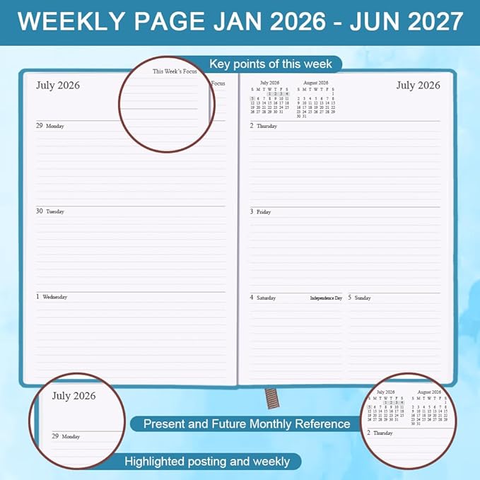 Planner 2026-2027 - 18 Months (Jan 2026 - Jun 2027) Agenda Planner 5.8" x 8.5", 2026-2027 Weekly & Monthly Planners with Hard Cover, Blue