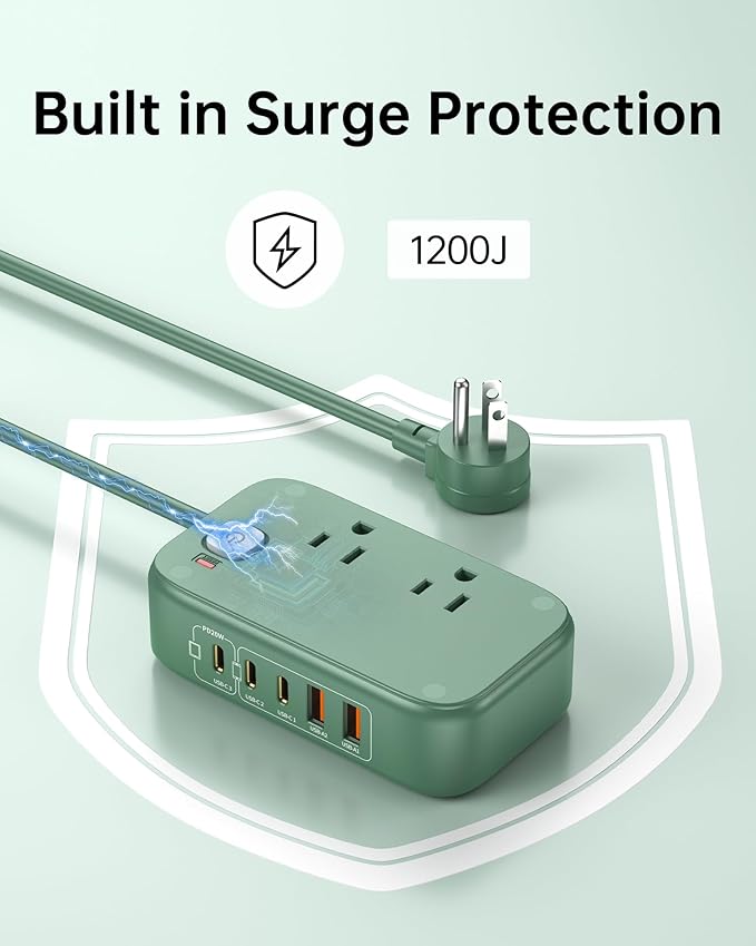 Power Strip with USB C Ports,30W USB C Charging Station,Surge Protection 1200J, 5FT Flat Extension Cord USB Charger Hub for Multiple Devices (Pearl Green)