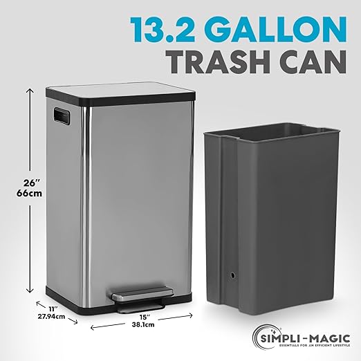 SIMPLI-MAGIC 50 Liter / 13.2 Gallon Soft-Close, Smudge Resistant Trash Can with Foot Pedal and Built in Filter- Stainless Steel, Sleek Finish
