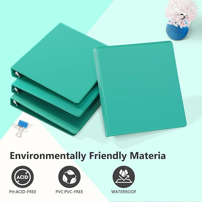 ViVin Sturdy 1 Inch D Ring Binders, 3 Ring Binders with 2 Pockets, Hold 225 Sheets of US Letter Size Paper for Office,Home,School, 6 Pack (Lake Green)