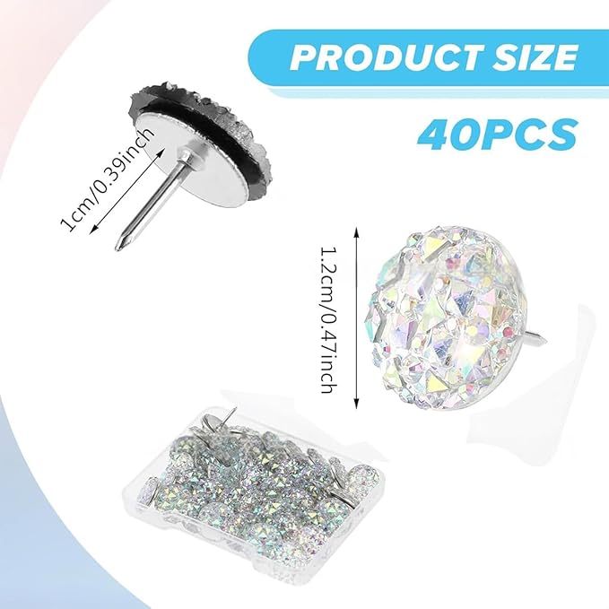 Diamond Pin, 40 Silver Push Pins, Rhinestone Push Thumbtack, Decorative Push Thumbtack for Bulletin Boards and Hardwood Boards, Suitable for Office, Map Display and Other Scenarios
