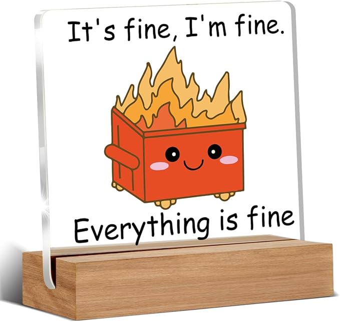Dumpster Fire Desk Accessories Decor, Funny Office Gifts for Women Men Coworkers, I'm Fine Everything is Fine, Cute Orange Dumpster Desk Signs Plaque