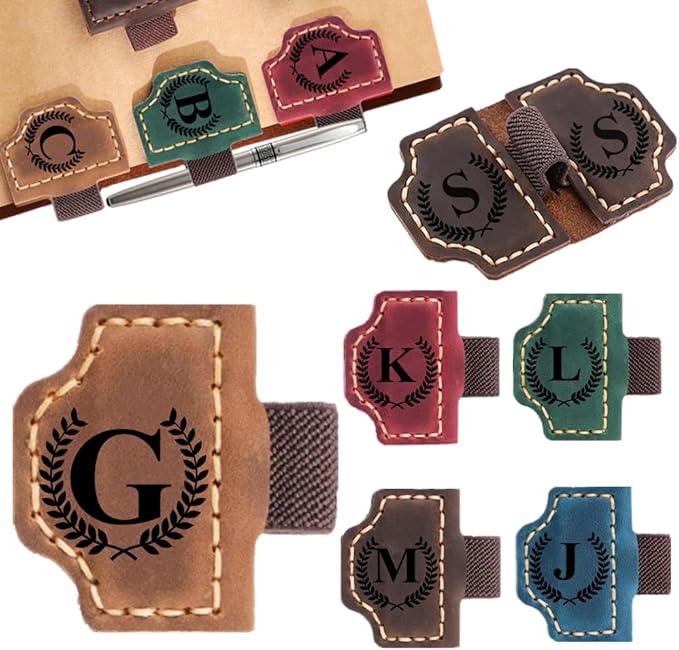 Custom Bookmark with Pen Holder with 26 Letters Personalized Magnetic Leather Book Mark, Customized Name Book Marker Clip with Initial for Men Women, Gifts for Book Lovers, Readers, (Brown, G)