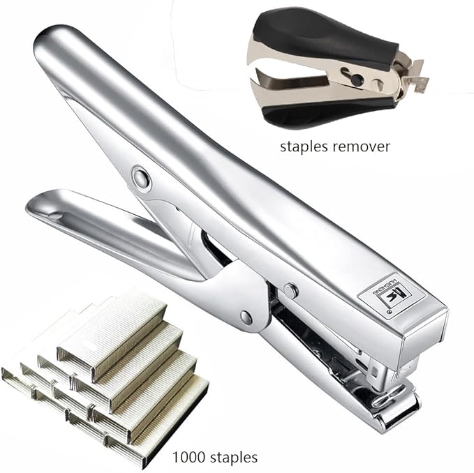 ONDY Plier Stapler Heavy Duty Office Hand Held 20-Sheet Papers Stapling Machine With 1000 Staples and Remover Tool, Silver
