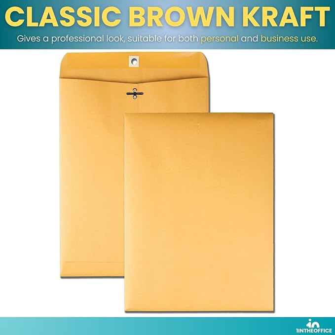 1InTheOffice Clasp Envelopes 10x13, Catalog Envelopes, Heavy-duty Clasp and Gummed Closure, Brown Kraft, 100/Pack