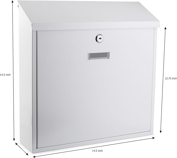Metal Mailbox Steel office comment Suggestion ballot Box Secure Box With top special Wide Slot for envelopes Wall Mount with pre drilled holes Drop Box for Home and Office 14.3H x 14.6W x 3.75D(White)