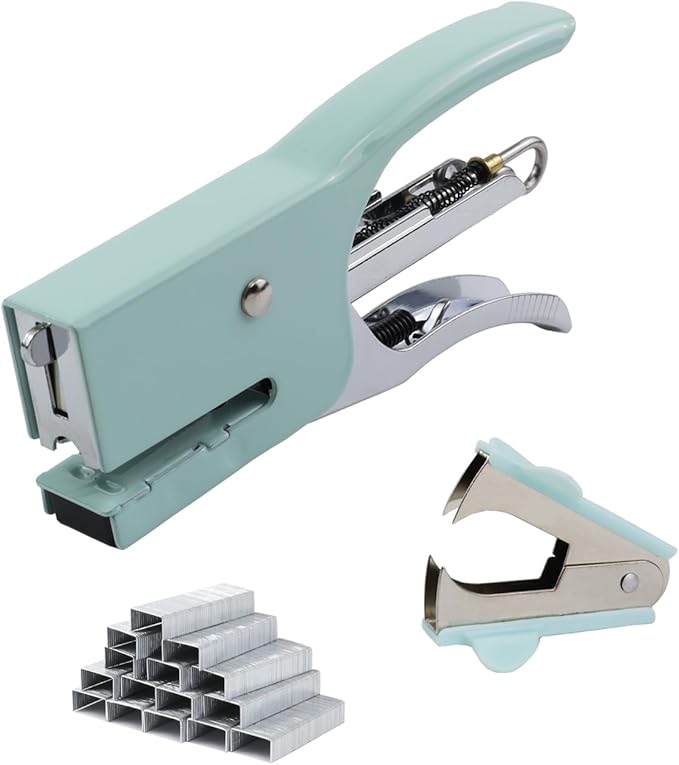 Small Hand-held Stapler Set, 15 Sheet Capacity, includes 750Pcs Staples and A Staple Remover, Mini Desktop Stapler for Office, School, Home or Travel Use. (Mint Green)