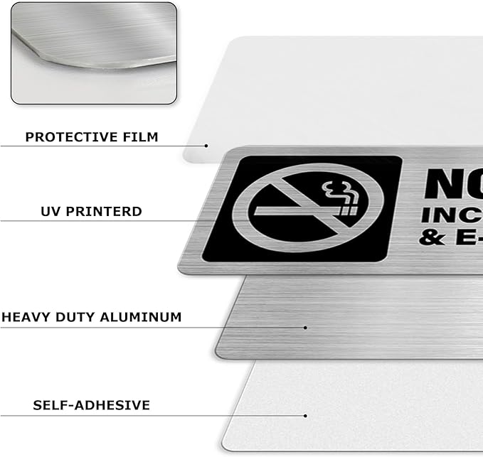 No Smoking No Vaping E-Cigarettes Sign Aluminum Silver 9 x 3 Inches Self-Adhesive Waterproof Metal Door Wall Sign for Business Houses 4 Pack