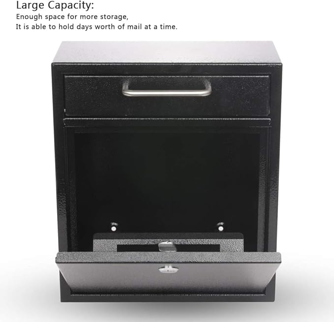 KYODOLED Steel Key Lock Mail Boxes for Outside, Locking Wall Mount Mailbox, Security Key Drop Box,12H x 10.51L x 4.68W Inches, Black Large