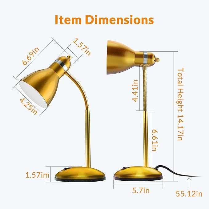 LEPOWER Metal Desk Lamp, Adjustable Goose Neck Table Lamp, Eye-Caring Study Desk Lamps for Bedroom, Study Room and Office (Gold)