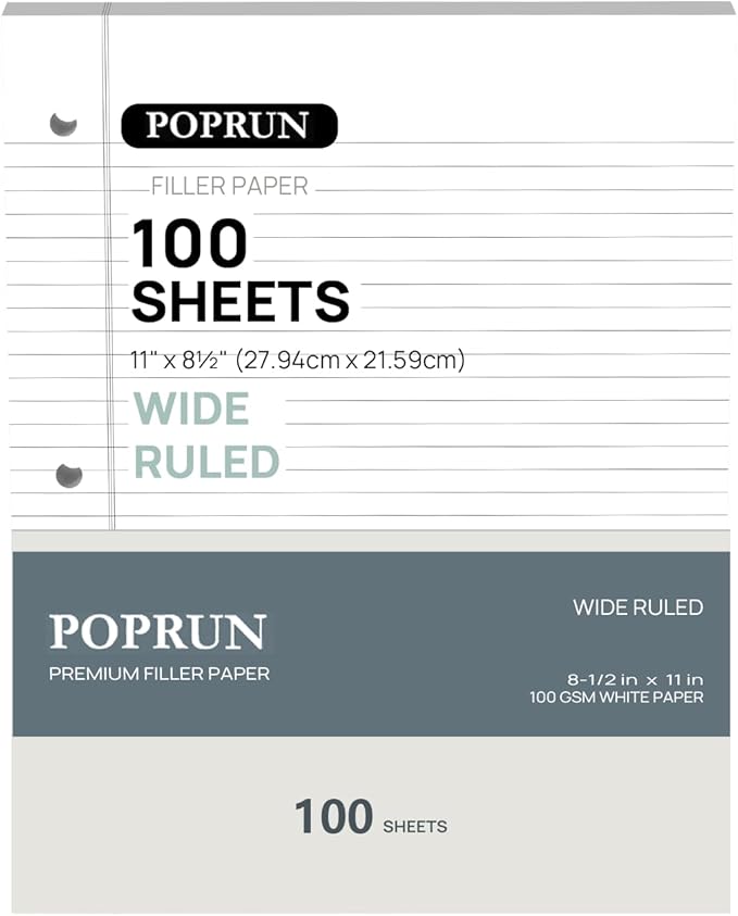 POPRUN Loose Leaf Paper, 8.5" x11" Wide Ruled, 100GSM / AA Grade Bulk Lined Filler Sheets, 3 Hole Punched for Binder Notebook, Office School Supplies, 1 Pack (100 Sheets)