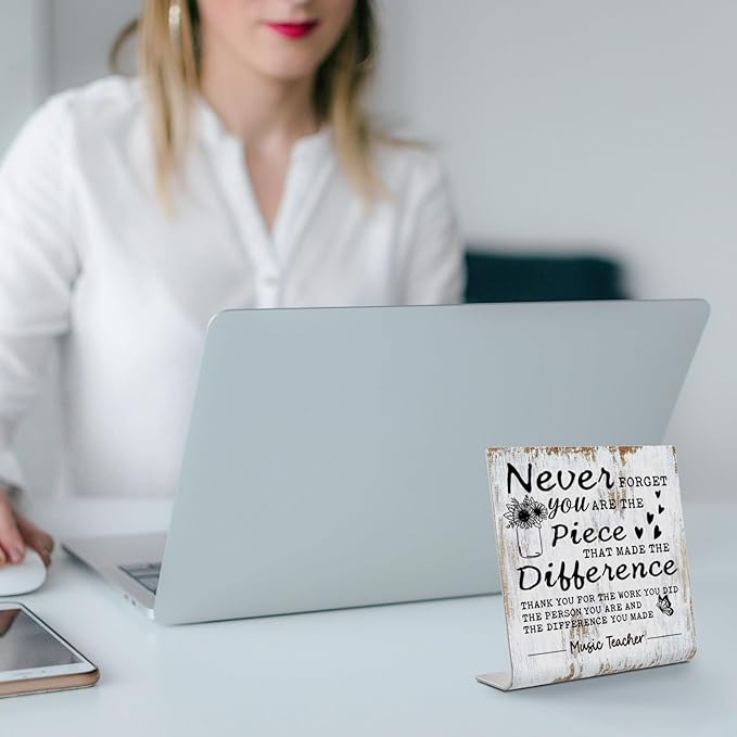 TRCENDE Never Forget Music Teacher Sign, 4"x4", Stainless Steel, Tabletop Decor, Gift, Motivational Decor