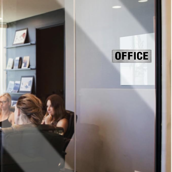 Office Sign Aluminum Silver 9 x 3 Inches Self-Adhesive Waterproof Metal Door Wall Sign for Business Offices 4 Pack