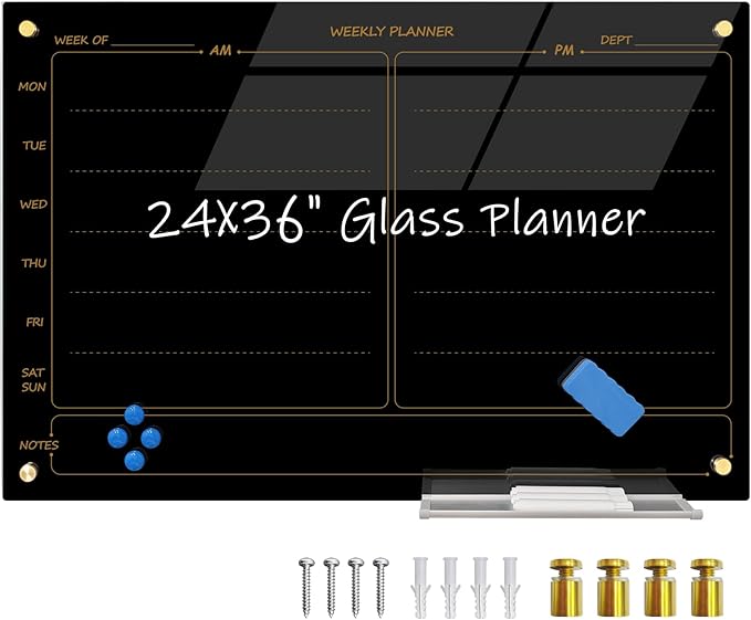Magnetic Planner Writeboard 24"X36" Weekly Glass Calendar Black Glassboard Premium Tempered Dry Erase Boards Frameless Wall Mounted (Black)