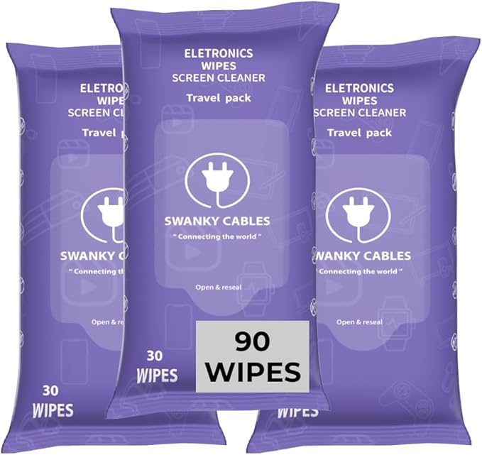 Swanky Wipes: Screen Cleaner Wipes - Electronics, Computer, TV, Laptop Monitor & Lens Cleaner, Travel Size Cleaning Wipes for Home, Office & On-the-Go, Includes Microfiber Cloth - Soft Wipes, 90 Count