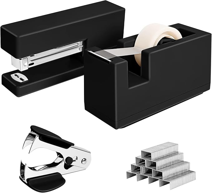1 Desktop Stapler & 1 Tape Dispenser - 25 Sheet Capacity with 830 Staples and Staple Remover, Non-Slip for Office,School, Home & Classroom, Black(Tape not Included)