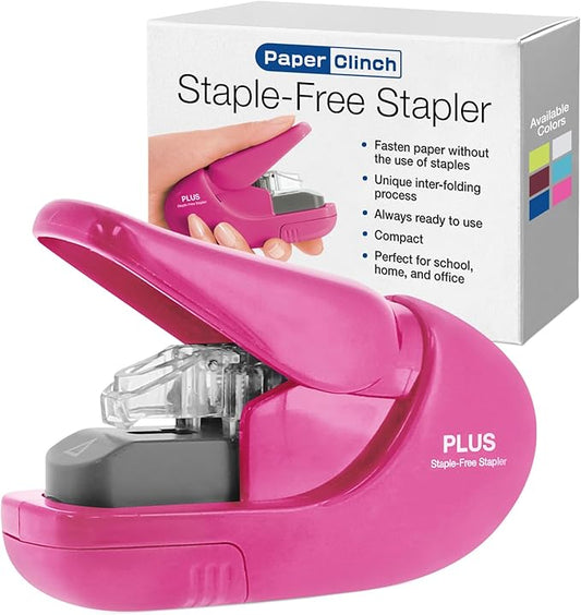 Plus Paper Clinch Staple-Free Stapler, Pink
