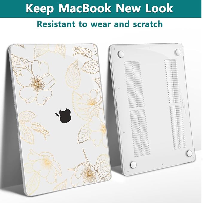 Teryeefi for 2022 2020 MacBook Pro 13 inch Case M2/M1 Chip (Model A2338 A2289 A2251 with Touch Bar), Plastic Hard Shell Case & Keyboard Cover & Screen Protector, Gold Floral Leaf
