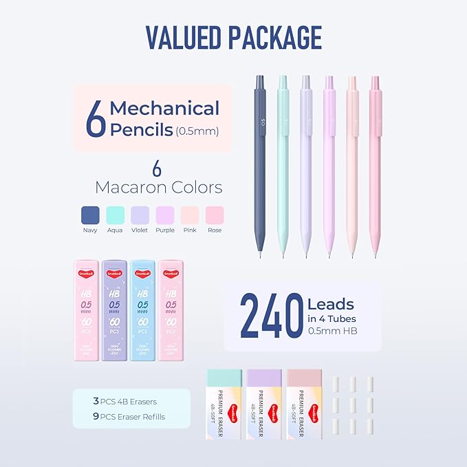 6PCS 0.5mm Mechanical Pencils Set with Case, Cute Pastel Mechanical Pencil with 240PCS HB Lead Refills, 3 Erasers, Aesthetic Back to School Supplies for Student Writing Drawing Sketching